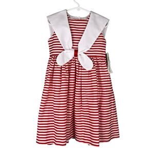 Vintage Sylvia Whyte Girls Nautical Dress Red White 4 New Flaws